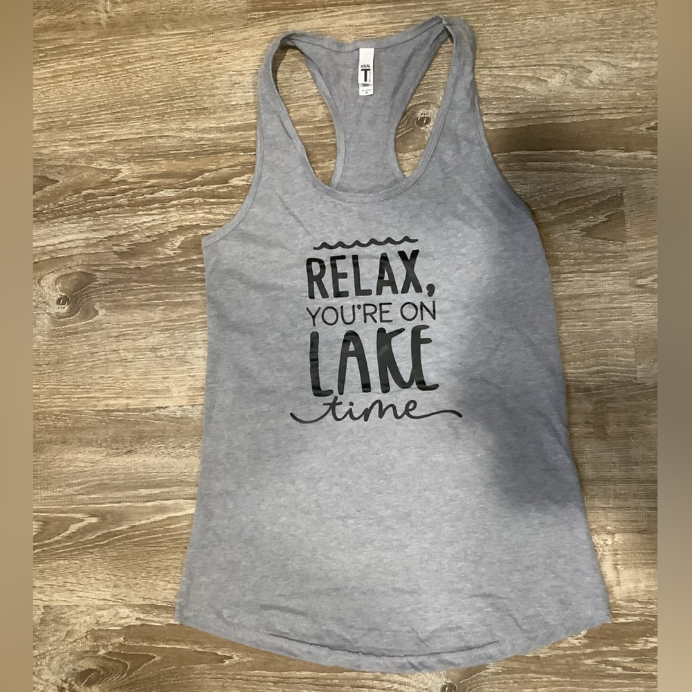 Womens lake time graphic tank top, size medium. Brand new